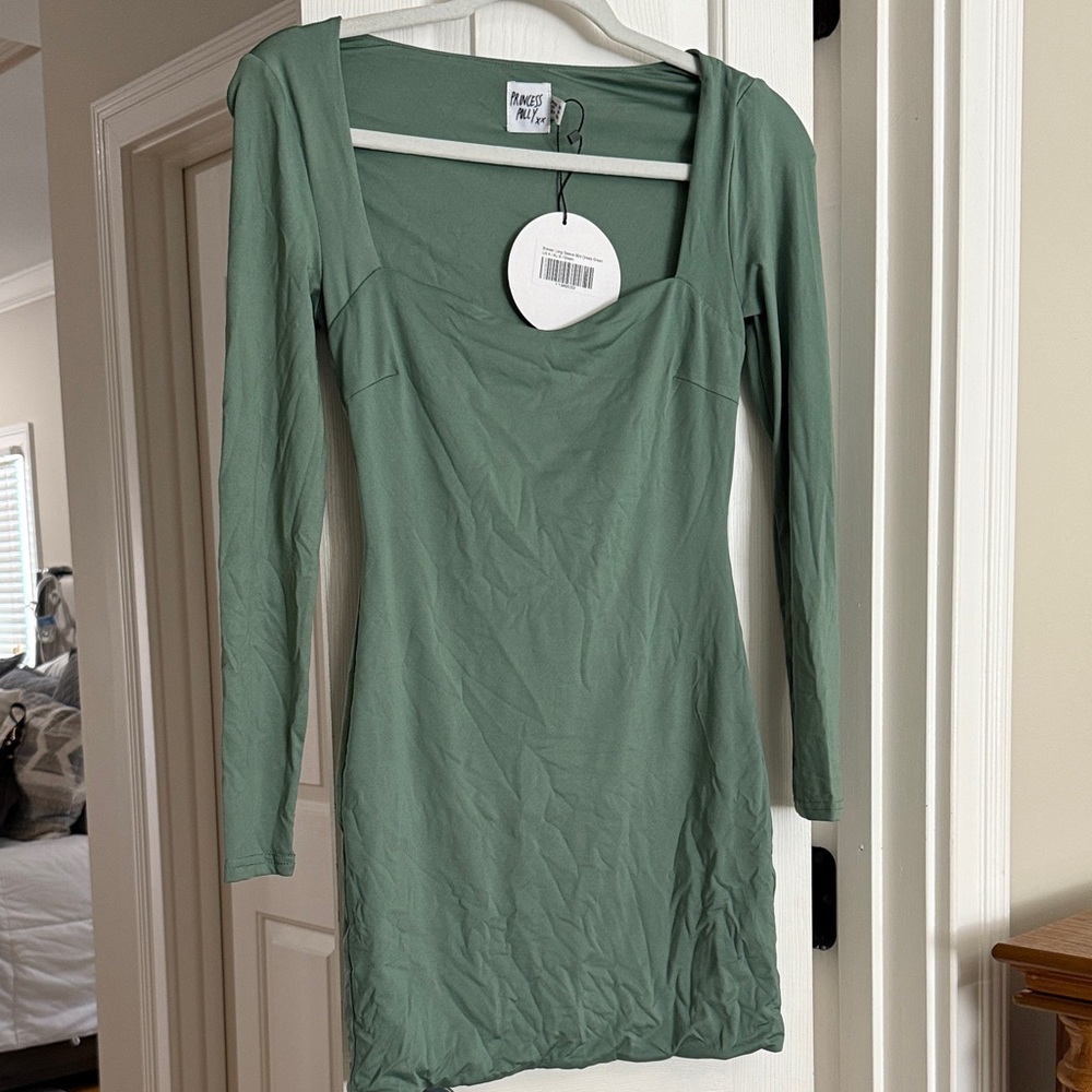 Princess Polly Sage Green Long Sleeve Square Neck Mini Dress